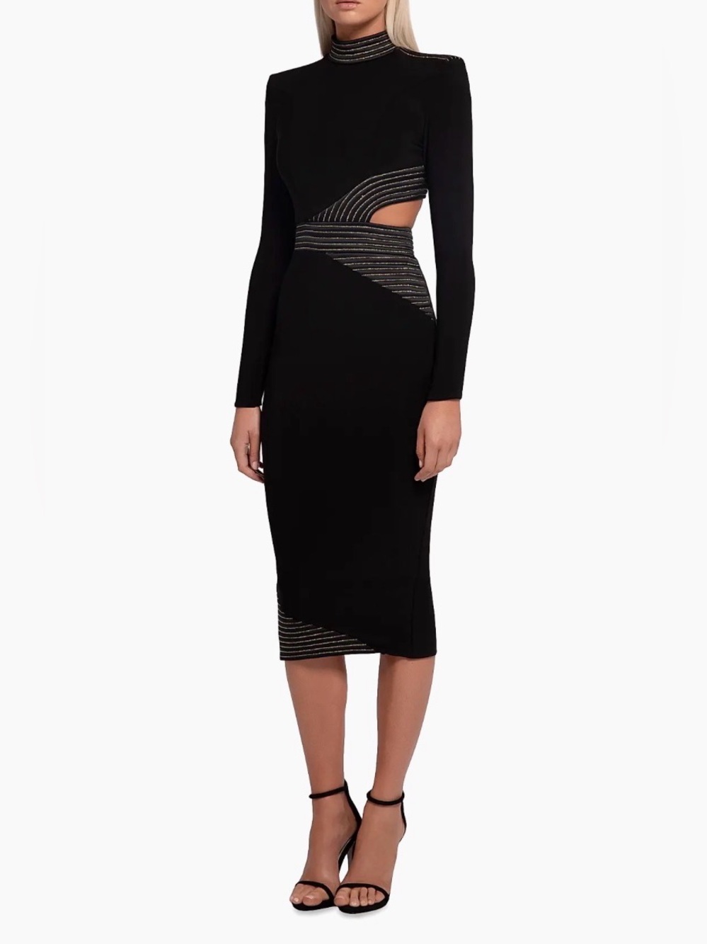 NWT Zhivago Black Midi Dress with Gold Stripe Trim